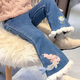冬季新款加绒牛仔喇叭裤2023年韩版女童直筒裤洋气童装一件代发潮