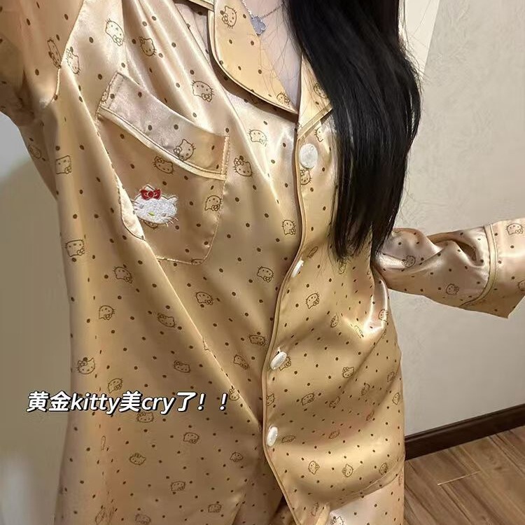 Ice Silk Pajamas for Women, Spring and Autumn, Wholesale, Printed, Cute Polka Dot Cat Design, Long-Sleeved, Glossy, Women's Loungewear Set Ice Silk Pajamas for Women, Spring and Autumn, Wholesale, Printed, Cute Polka Dot Cat Design, Long-Sleeved, Glossy, Women's Loungewear Set