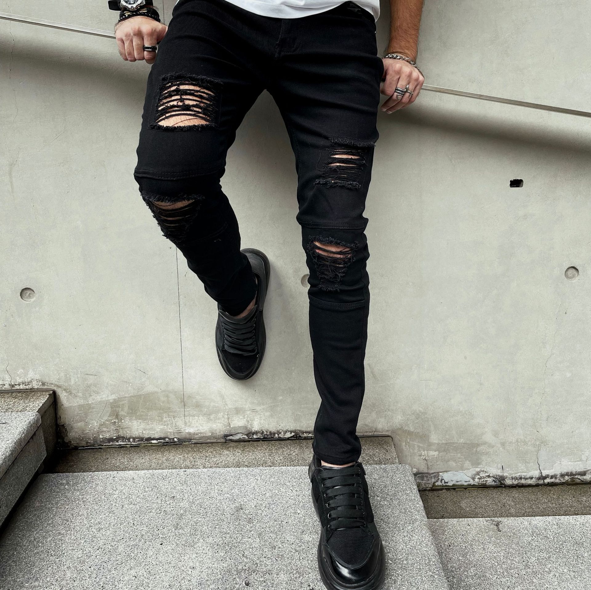 European and American AliExpress ebay Amazon Men's Ripped Jeans Casual Stretch Slim-Fit Pencil Pants Self-Photograph