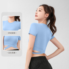 New Peach Pinyin Cross-Cross Short Sleeve Soft Skin-Friendly Running and Fitness Top with Cross Waist Bare Sensation Yoga Dress for Women
