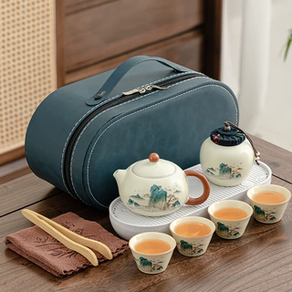 复古锦绣汝窑一壶四杯带罐旅行茶具套装户外功夫茶具定制logo纪念