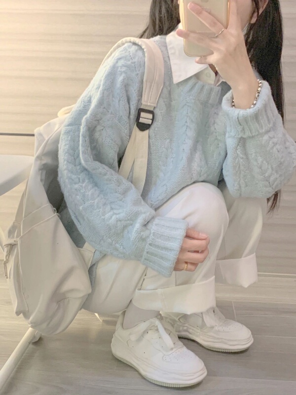奶蓝色慵懒风麻花毛衣女秋冬2025年新款高级感内搭套头针织上衣|undefined