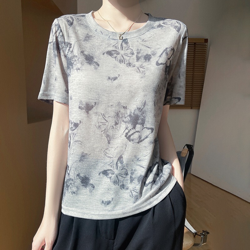Cross-Border 2025 Summer New Women's Round Neck Short Vest Printed T-Shirt Thin Base Shirt Ink Painting Short Sleeve