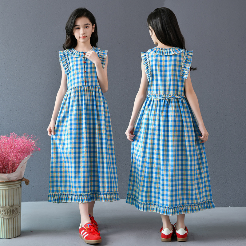 Real shot spot 2025 niñas a cuadros estilo coreano dulce vestido de algodón con mangas voladoras cuello redondo falda larga a cuadros azules