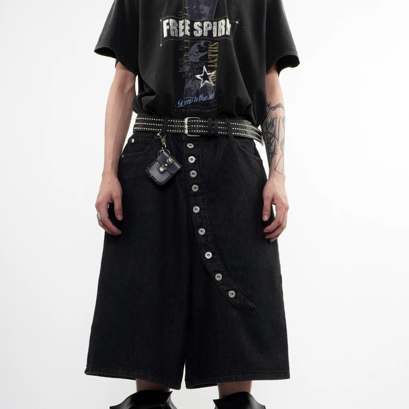 American Retro Summer Deconstructed Diagonal Placket Buttoned Raw Denim Cropped Pants Unisex Design Wide-Leg Shorts Trendy