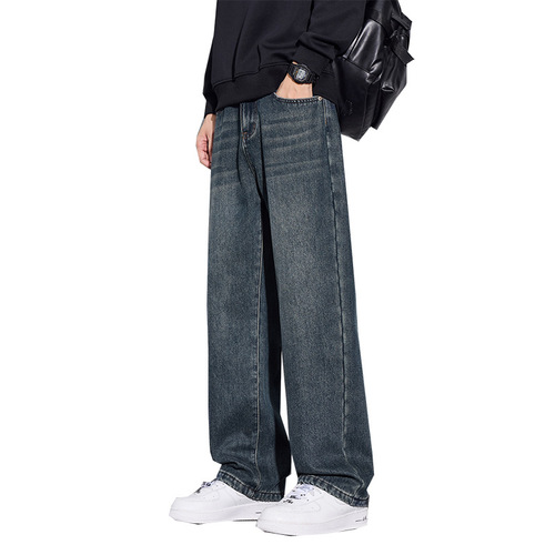 American-style jeans for men, loose straight-leg pants for autumn and winter, new lined wide-leg casual long pants, thick version