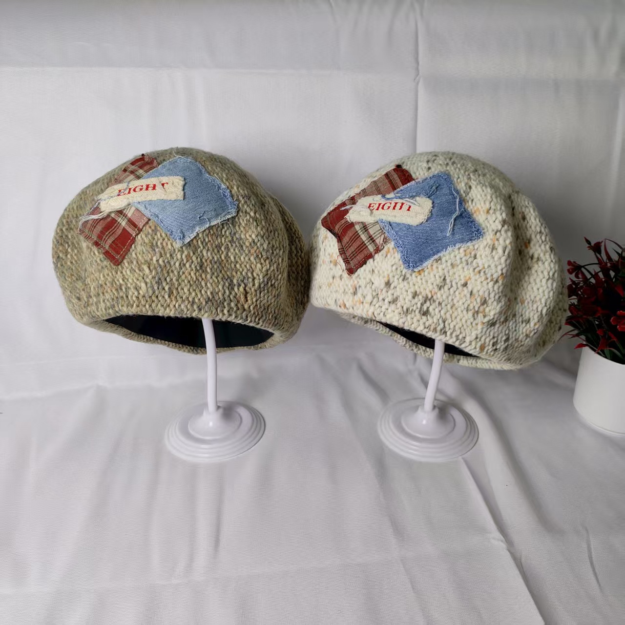 Japanischer Retro Patchwork Strickbarett Damen Herbst Winter_voghion.com