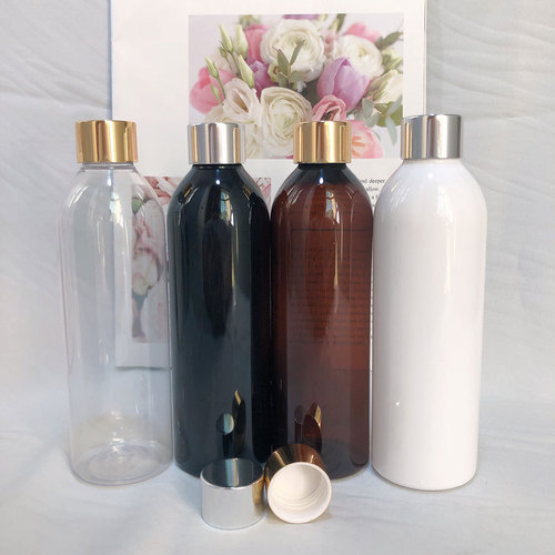 250ml round shoulder ml gold and silver anodized aluminum screw cap PET transparent plastic repackaged solid emulsion empty bottle