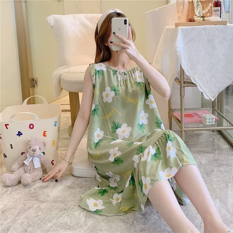 棉绸新款睡裙女夏季薄款连衣裙可爱休闲韩版宽松夏人造棉家居服春