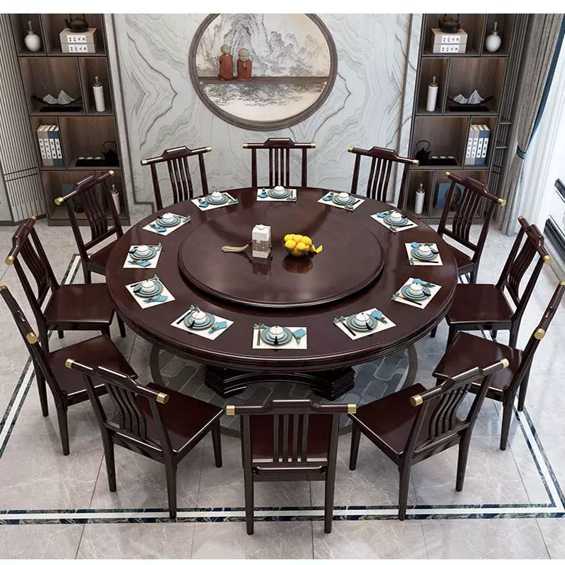 新中式实木圆形餐桌带转盘10人家用大圆桌吃饭桌子酒店圆餐桌椅