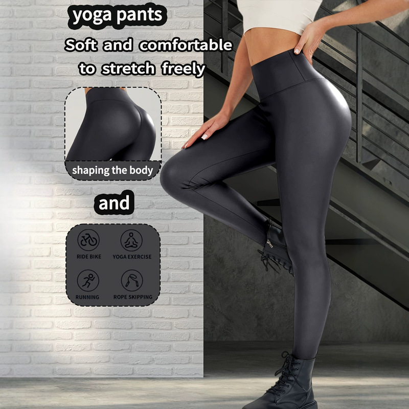 European and American Fashion Matte Sports Leather Pants for Women, Solid Color Breathable Slim Fit Butt-Lifting Tummy Control Yoga Casual Leggings