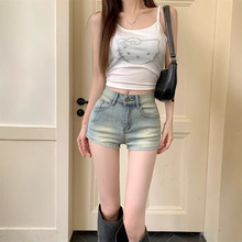 浅蓝色牛仔超短裤女装夏季复古高腰休闲直筒裤子辣妹紧身包臀热裤