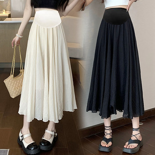 Spot Pregnant Women's New Summer Thin Outer Wear Loose Casual Ice Silk Cotton and Linen Mid-Length A-Line Maternity Skirt