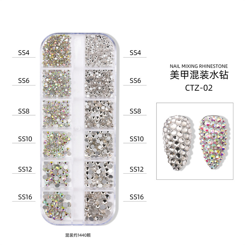 12-rejilla en caja alta plata uñas plana rhinestone joyería transparente AB color diamante llama diamante nail joyería fábrica al por mayor