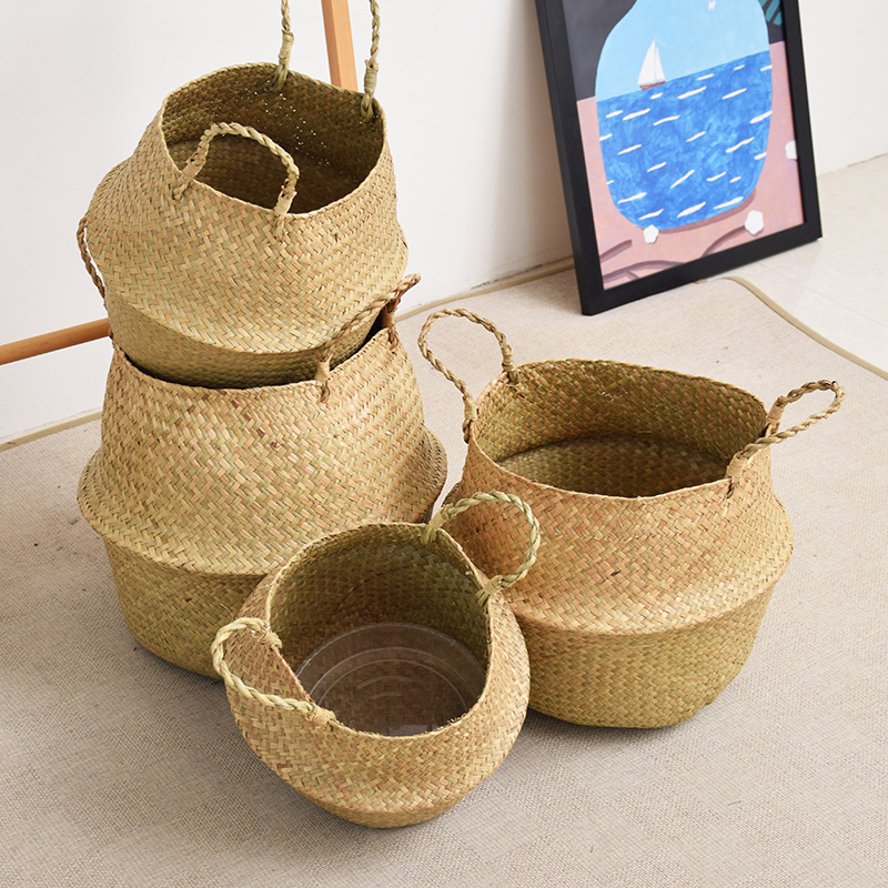 Artificial Plant Pot Plant Stand Hand-woven Grass Basket Cement Metal Planter Decorative Woven Basket Living Room Ornament