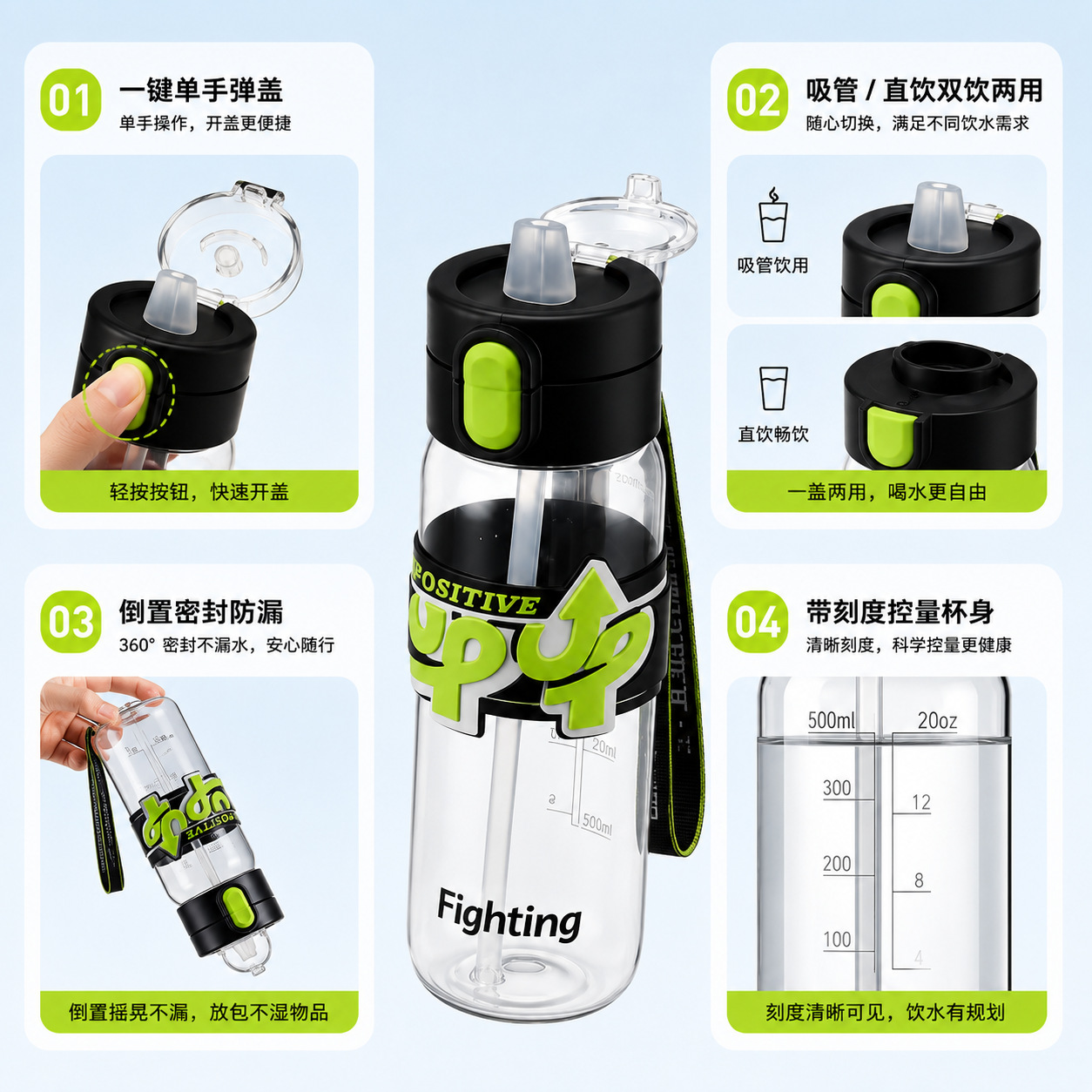 Taza de agua de plástico con tapa de rebote de doble bebida en stock de taza de paja de gran capacidad impresa logotipo de estudiantes al aire libre hervidor deportivo portátil