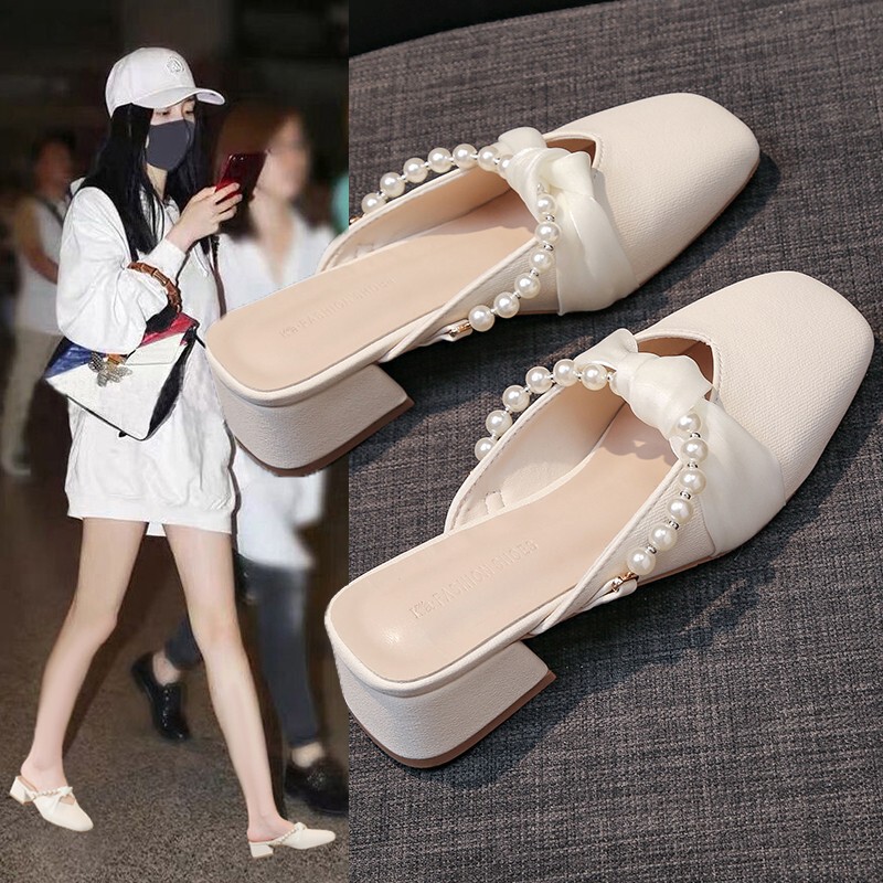 Trendy Fairy-Style French Pearl Mule Slippers for Women, Spring and Summer High Heels, Chunky Mid-Heel, Slip-On for Outdoor Wear