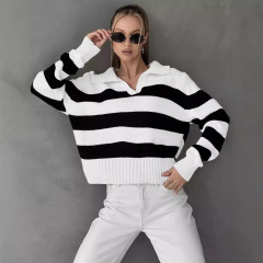 女性用ニットシャツ2024秋冬新商品欧米クロスボーダーPOLO襟ストライプ衝突色ゆるいニットセーター女性