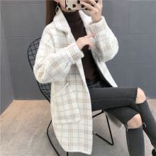 防水貂绒大衣女中长款外套秋冬新款韩版宽松百搭格子针织衫潮