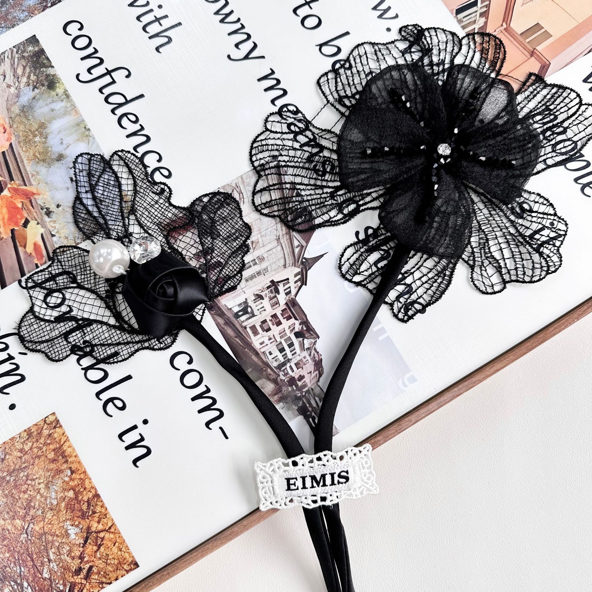 Flor de malla negra ornamentos de cabello de perlas de diamante temperamento elegante correa de cabello vestido material de decoración de camisa image 3