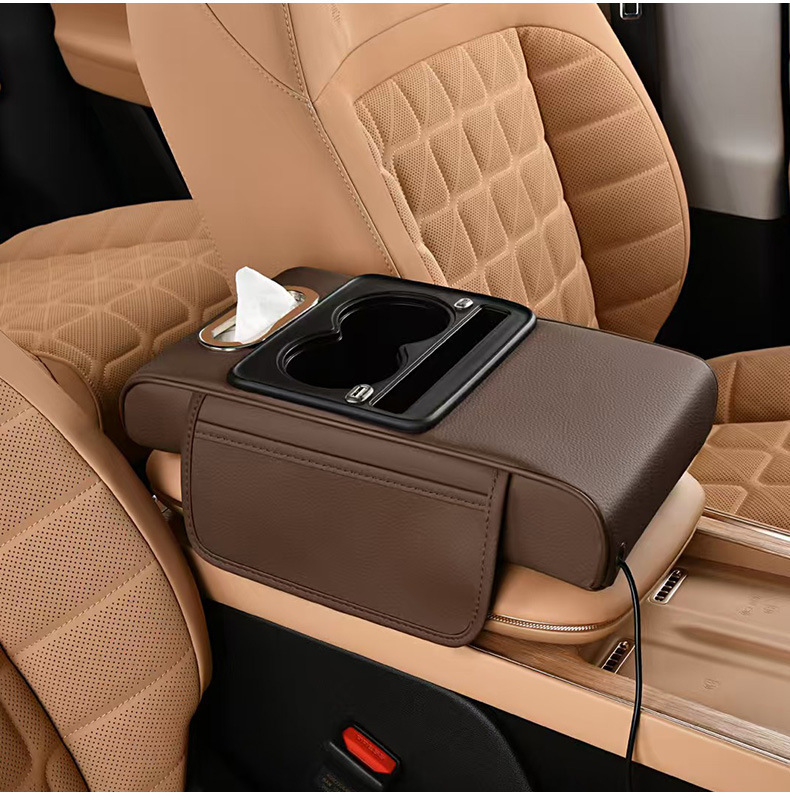 Car Charging Armrest Box, Universal Car Tissue Box, Extended and Thickened Four-In-One Armrest Box with Height-Increasing Pad