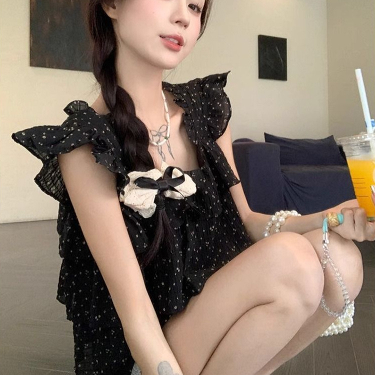 Summer New Style French-Style Square-Neck Chiffon Floral Shirt for Women, Sweet and Chic Ruffled Sleeve Top