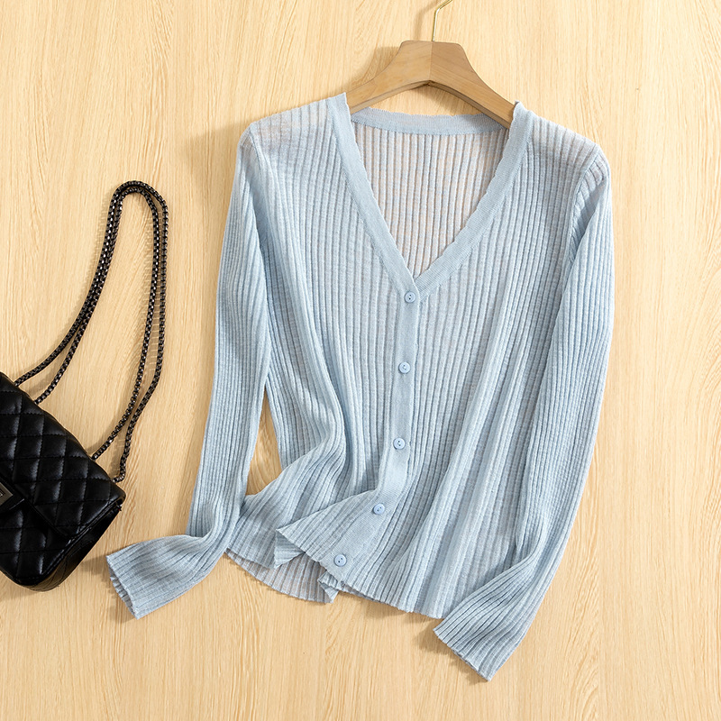 Summer Thin Bamboo Linen Sun-Protective Ice Silk Knit Cardigan for Women in Blue, Paired with a Camisole Dress and Small Shawl
