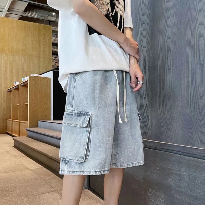 Summer Trend Workwear Denim Shorts for Men Korean Style Streetwear Loose Wide Leg Straight Leg Pants Stylish Casual Five-Finger Pants