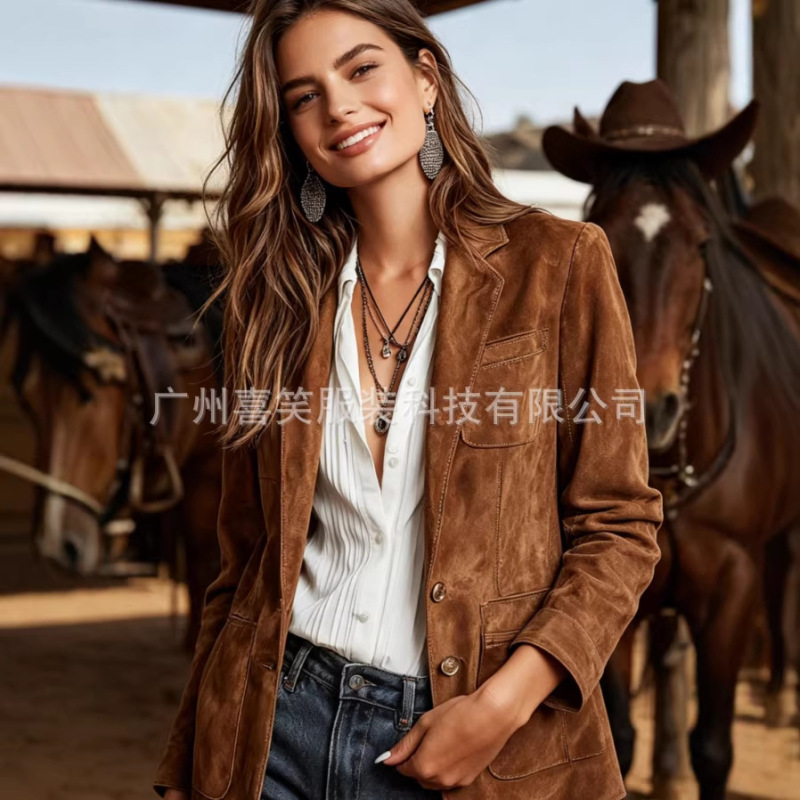 2026 Spring and Autumn New European and American Retro Suede Blazer Jacket Elegant Women's Suit Collar Long Sleeve Commuter Coat 2026 Spring and Autumn New European and American Retro Suede Blazer Jacket Elegant Women's Suit Collar Long Sleeve Commuter Coat