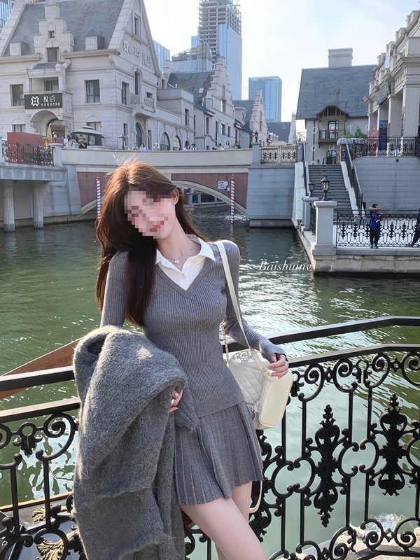 白水女 千金学院风 假两件针织衫a字半身裙女秋冬韩系针织套装|undefined