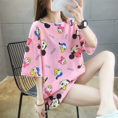 103# Super Hot Instagram Spring and Summer Korean Style Casual Versatile Cartoon Mickey Loose Medium-Long Sleeve T-Shirt Top