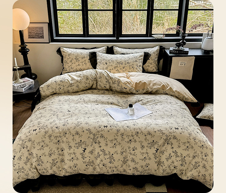 Vintage Floral Duvet Cover Set Pure Cotton Black Lace Bedding_voghion.com