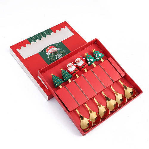 Stainless steel Christmas spoon set Christmas tableware coffee spoon fruit fork cartoon Christmas doll spoon fork