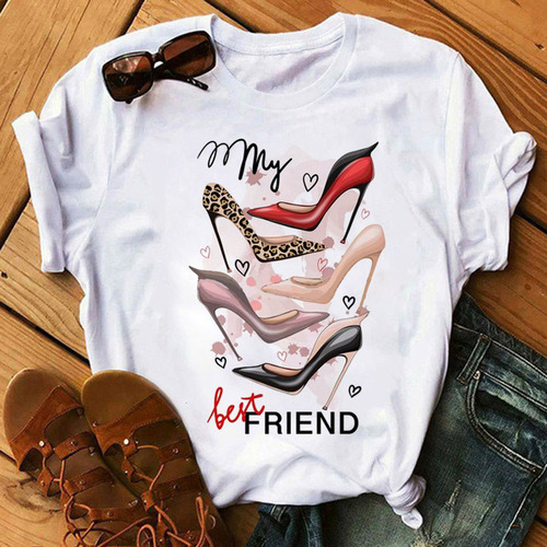 Summer Large Size Casual Round Neck Short Sleeve High Heel Pattern Print Short Sleeve T-Shirt for Women