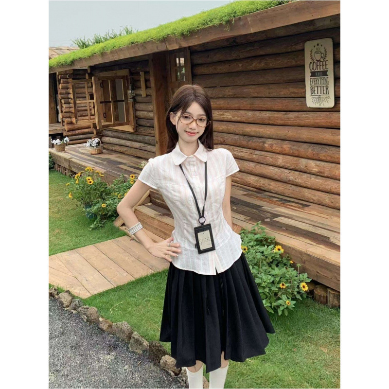 少女感时尚套装女百搭条纹翻领小飞袖短袖衬衫A字日系百褶半身裙|undefined