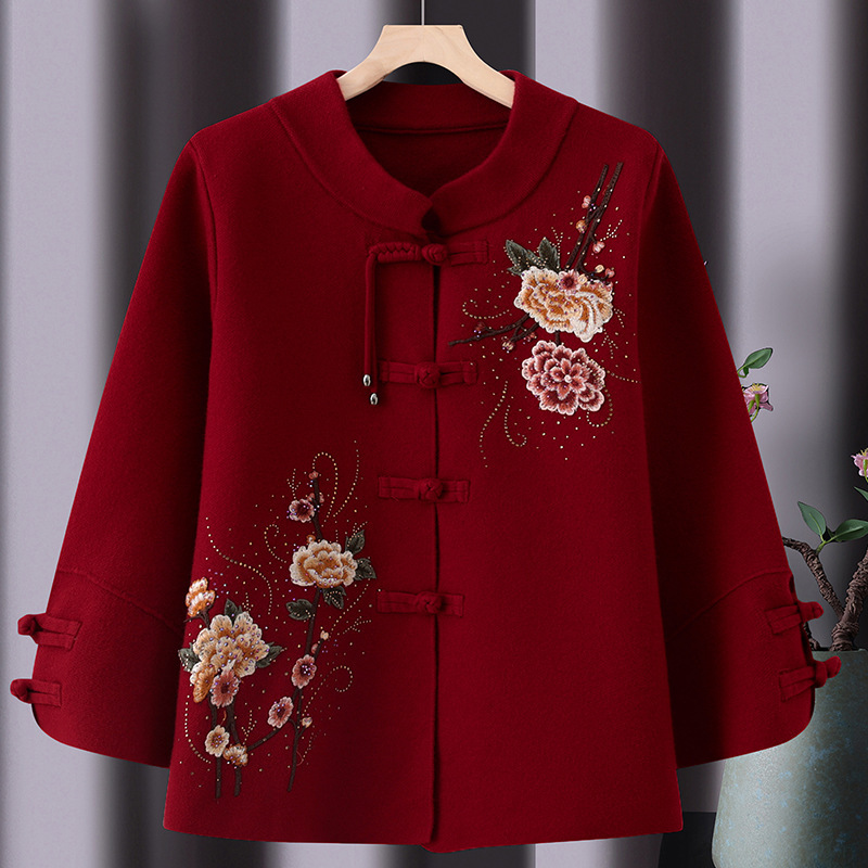 Mother's sweater coat for the zodiac year, autumn and winter traditional Chinese top, red wedding banquet dress, elderly mother-in-law's attire