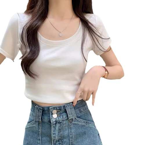 Basic U-neck T-shirt women's clothing solid color simple base summer slimming versatile short sleeve hooded top 