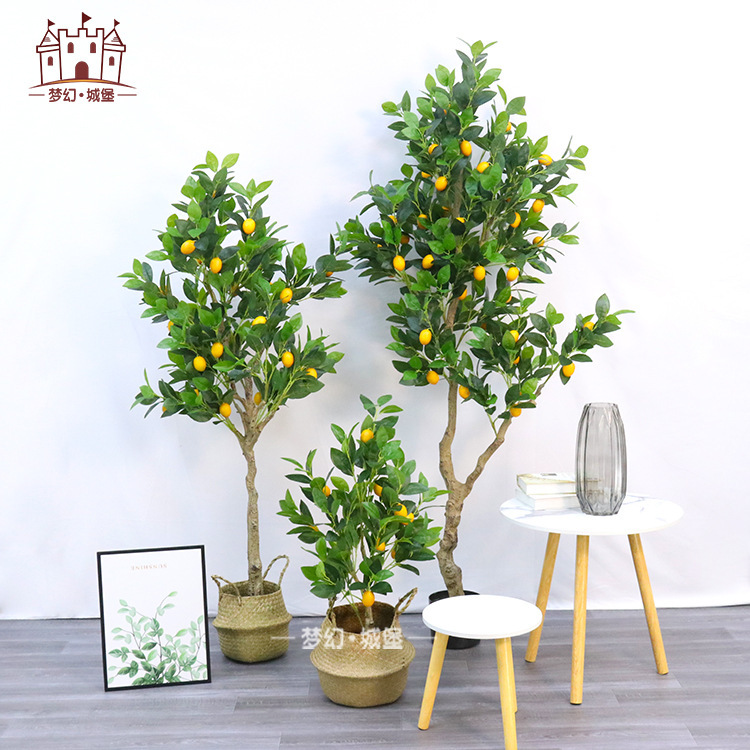 Simulación de ramas de limón verde, árboles de limón amarillo que caen en el suelo, ramas largas y hojas verdes plantando árboles falsos, decoración de sala de estar modelo