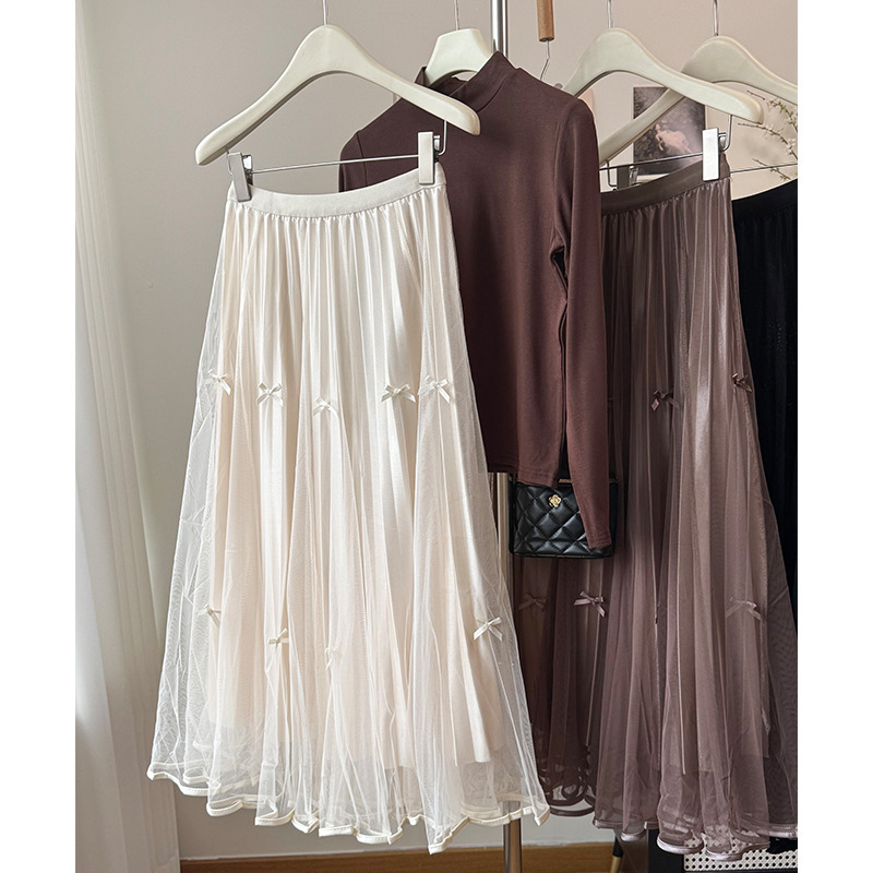 French-Style Super Fairy Bow Mesh Skirt for Women, New Spring High-Waisted, Drapey, Slimming, Loose A-Line Skirt with a Large Hem