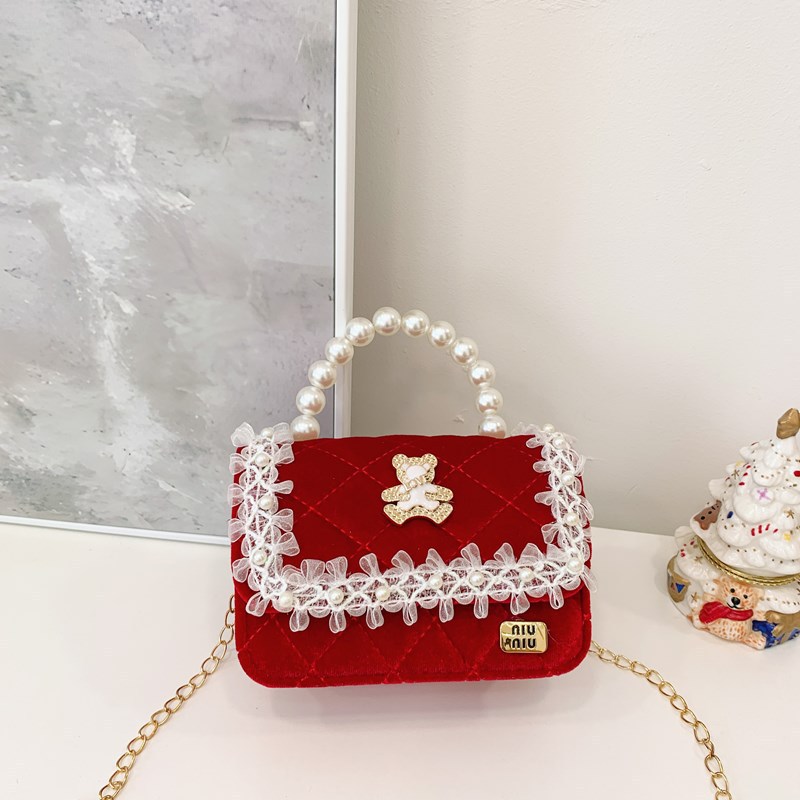 Bolso de niños nuevo bolso de perla rojo de Año Nuevo lindos princesas niñas bolso de hombro de cadena de estilo extranjero bolso de mochila