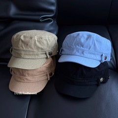 韩系海军帽早秋新款复古老钱风平顶帽子女小众古早鸭舌帽潮男黑色