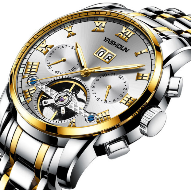 Multifunctional Hollow Fully Automatic Mechanical Watch Waterproof Sun, Moon and Stars Steel Belt Men's Watch Foreign Trade Cross-Border Watch Wholesale