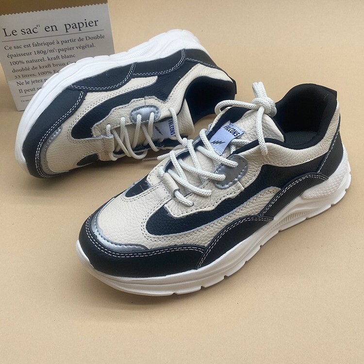 First-Layer Cowhide Casual Sports Men's Shoes Black and White Color Matching Spring & Fall Thick-Soled Comfortable Lightweight Walking Shoes Leather-Covered Dad Shoes