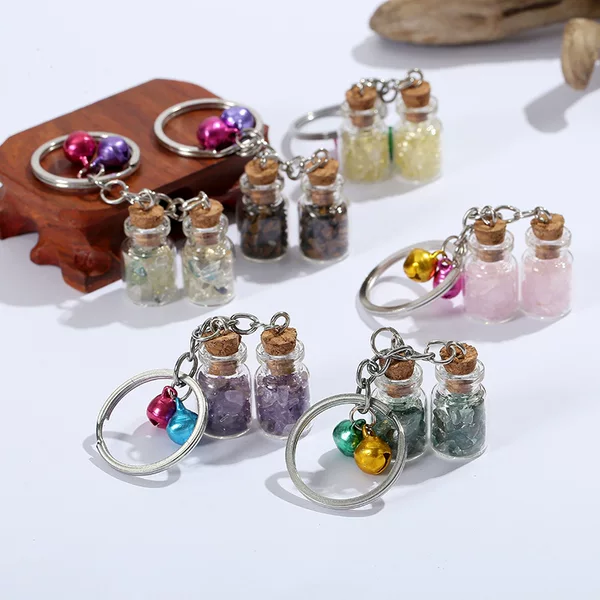 Cross-border Natural Crystal Gravel Drifting Bottle Keychain Cute Bell Quicksand Bottle Keychain Women's Bag Pendant