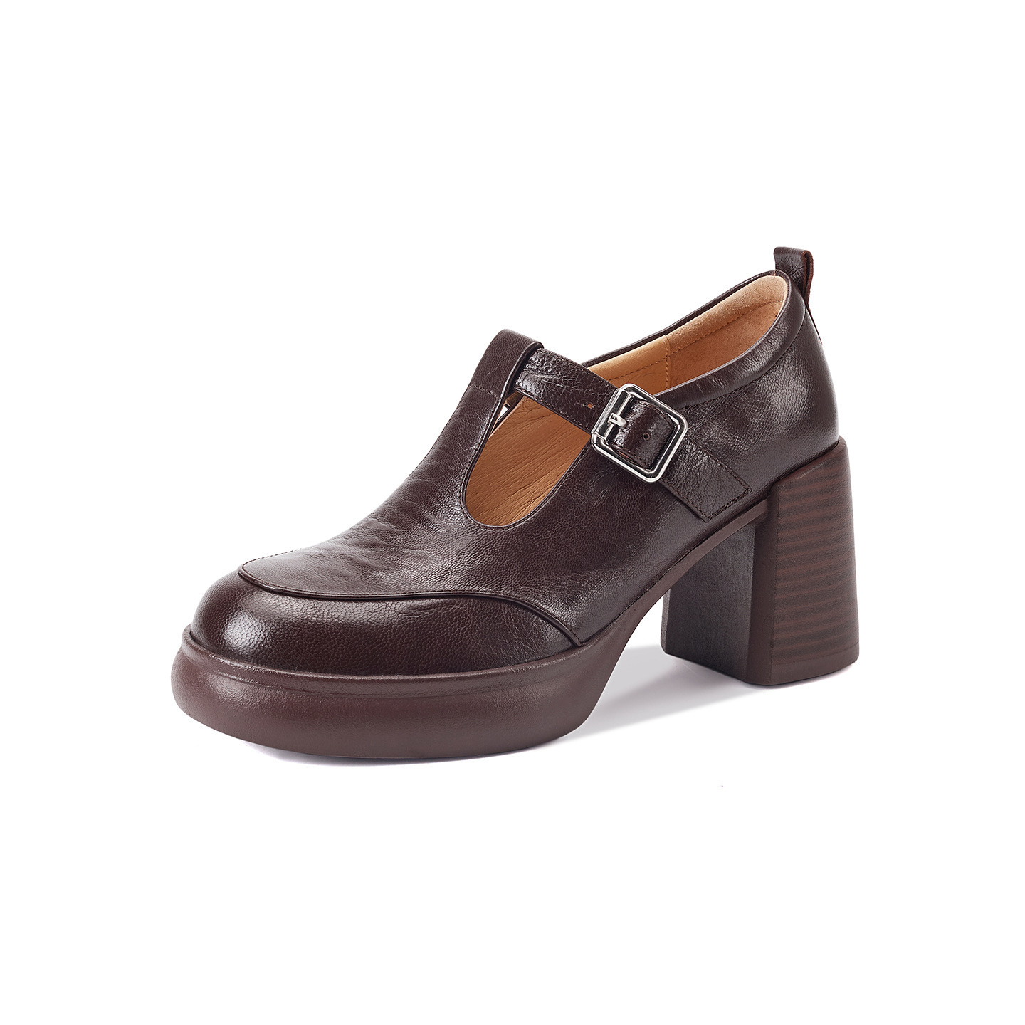 Giày Mary Jane nữ da cừu cao gót 6 cm phong cách vintage — màu nâu