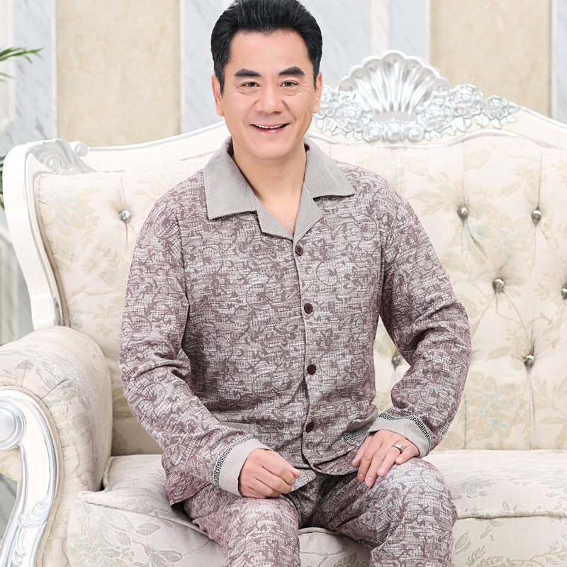 Pijama de mediana edad y ancianos primavera y otoño de los hombres 100% algodón de manga larga hogar ^ más el tamaño de mediana edad papá traje de dos piezas