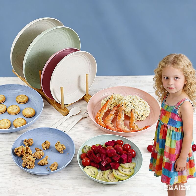 Multi-Model Plastic Round Plate Household Fruit Plate Living Room Snack Snack Plate Wheat Straw Tableware Set Logo