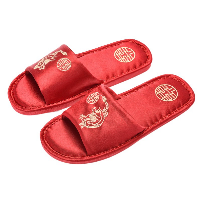 Свадебные тапочки праздничные красные пара Дракон и Феникс свадебные домашние Свадебные Летние хлопковые и льняные сандалии двойное счастье Four Seasons приданое