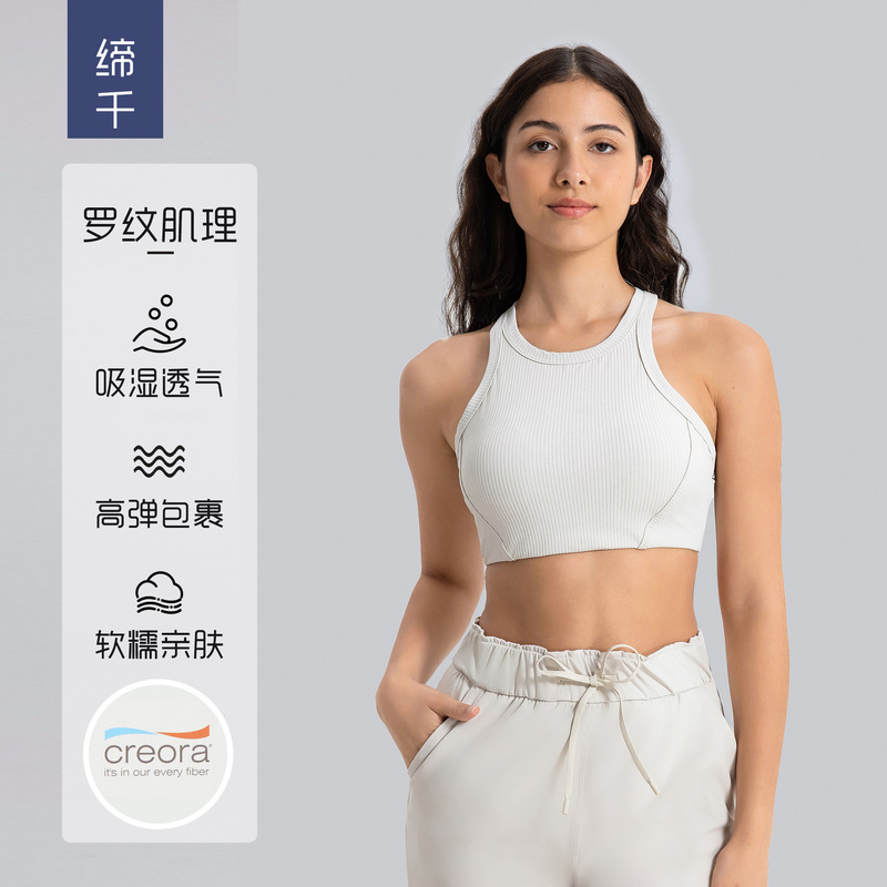 Vertical Striped Ribbed High Collar Elastic Skin-Friendly Sports Bra with Chest Pads High-Strength Shock-Proof Sports Bra Daw057
