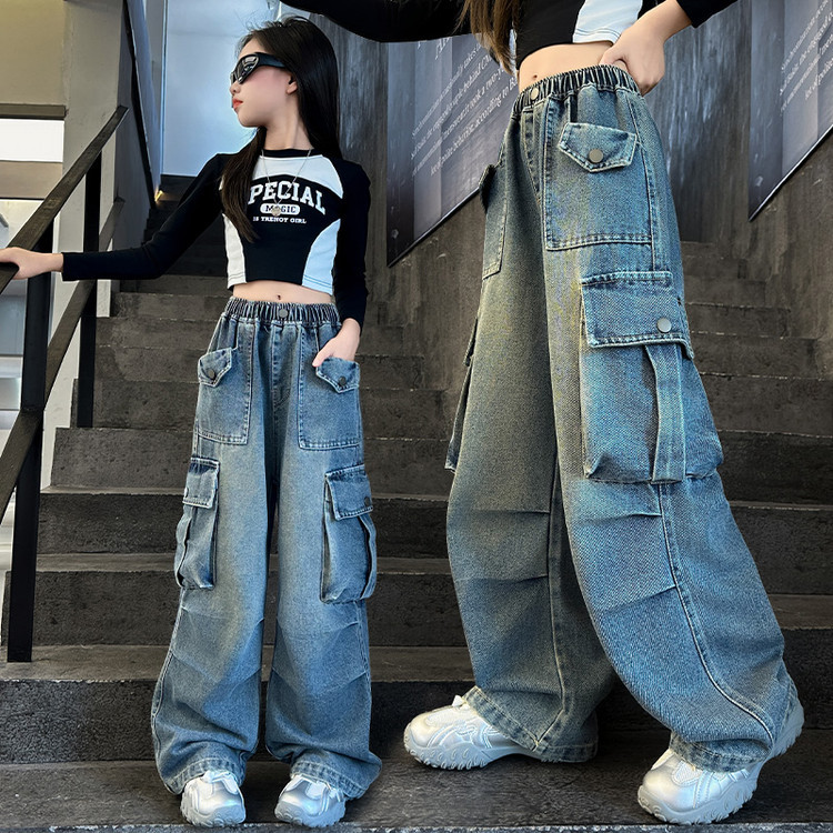 New Style Girls' Jeans for Spring and Autumn, Girls' Cargo Pants for Older Children, Export Children's Pants with Multiple Pockets, Street Hip-Hop Loose Fit